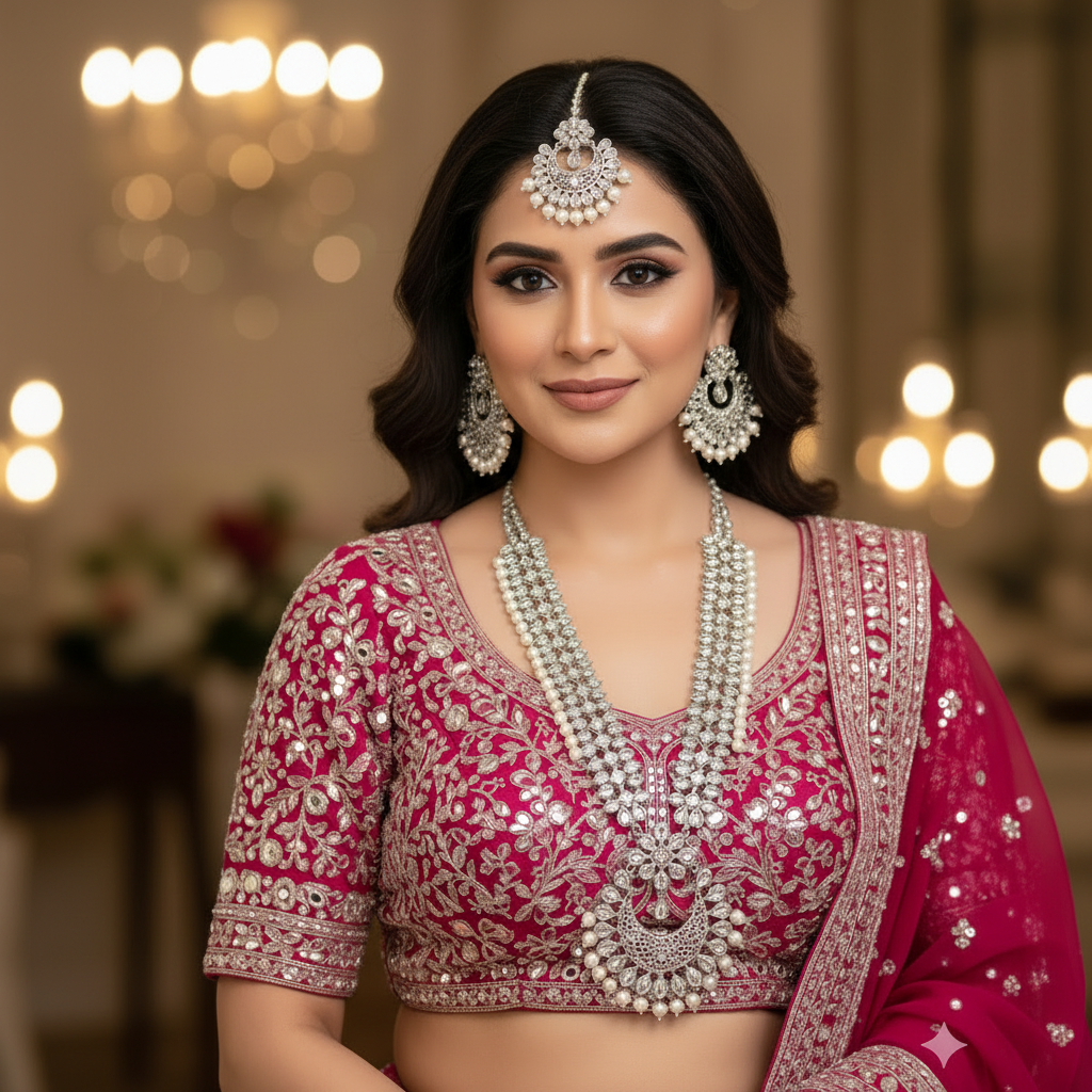 Woman in traditional pink and silver embroidered outfit with jewelry against a blurred background
