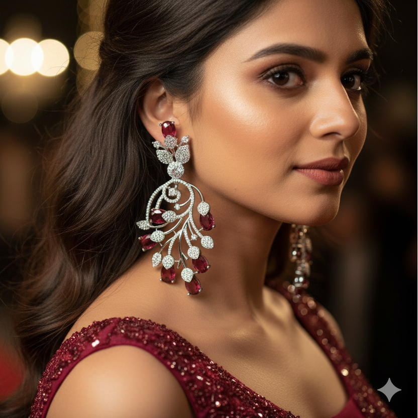 Woman wearing elegant earrings with a blurred background