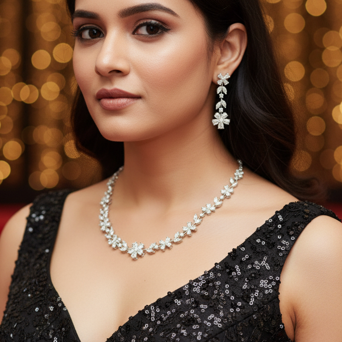 Woman wearing a black sequin dress with jewelry on a red carpet background