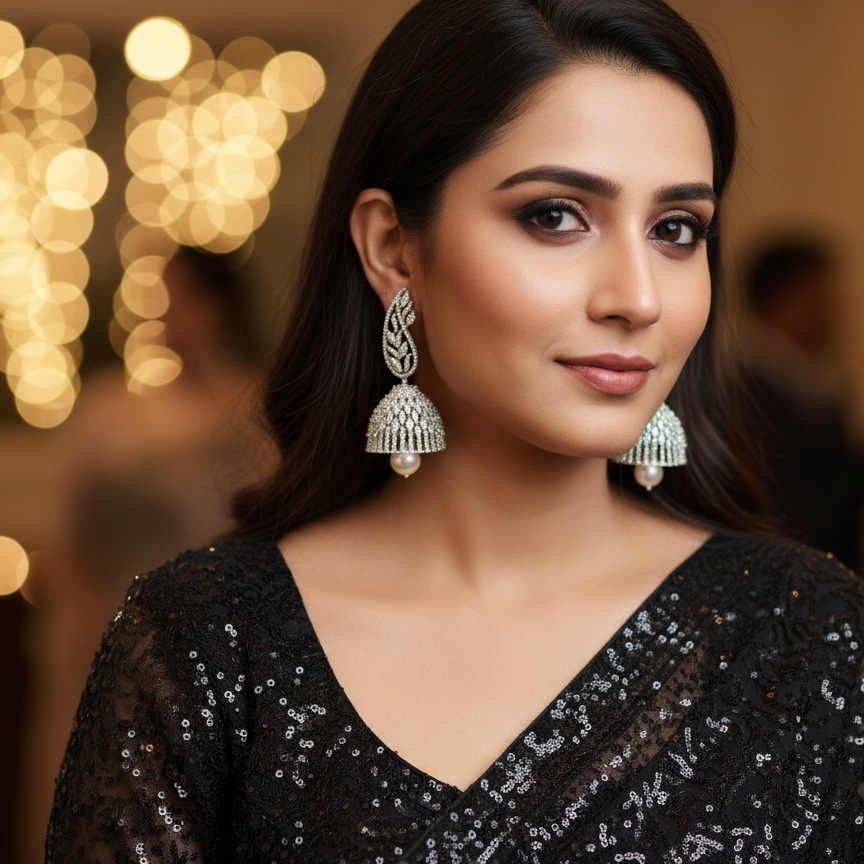 Woman wearing a black sequin dress with white earrings in a softly blurred indoor setting.