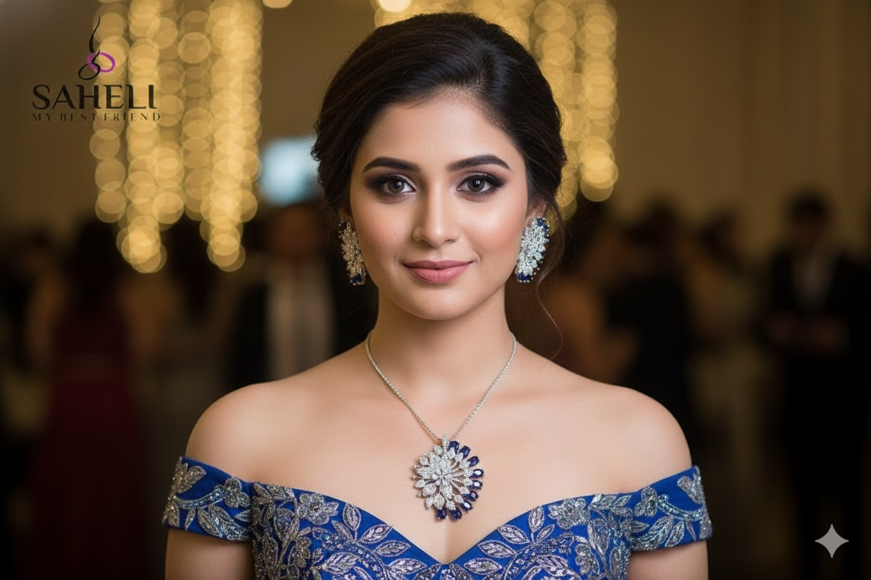 Woman wearing a blue saree with jewelry, with 'Saheli' brand visible