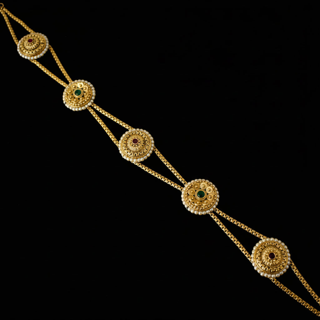 Gold necklace with circular designs on a dark background, featuring the brand 'Saheli'.