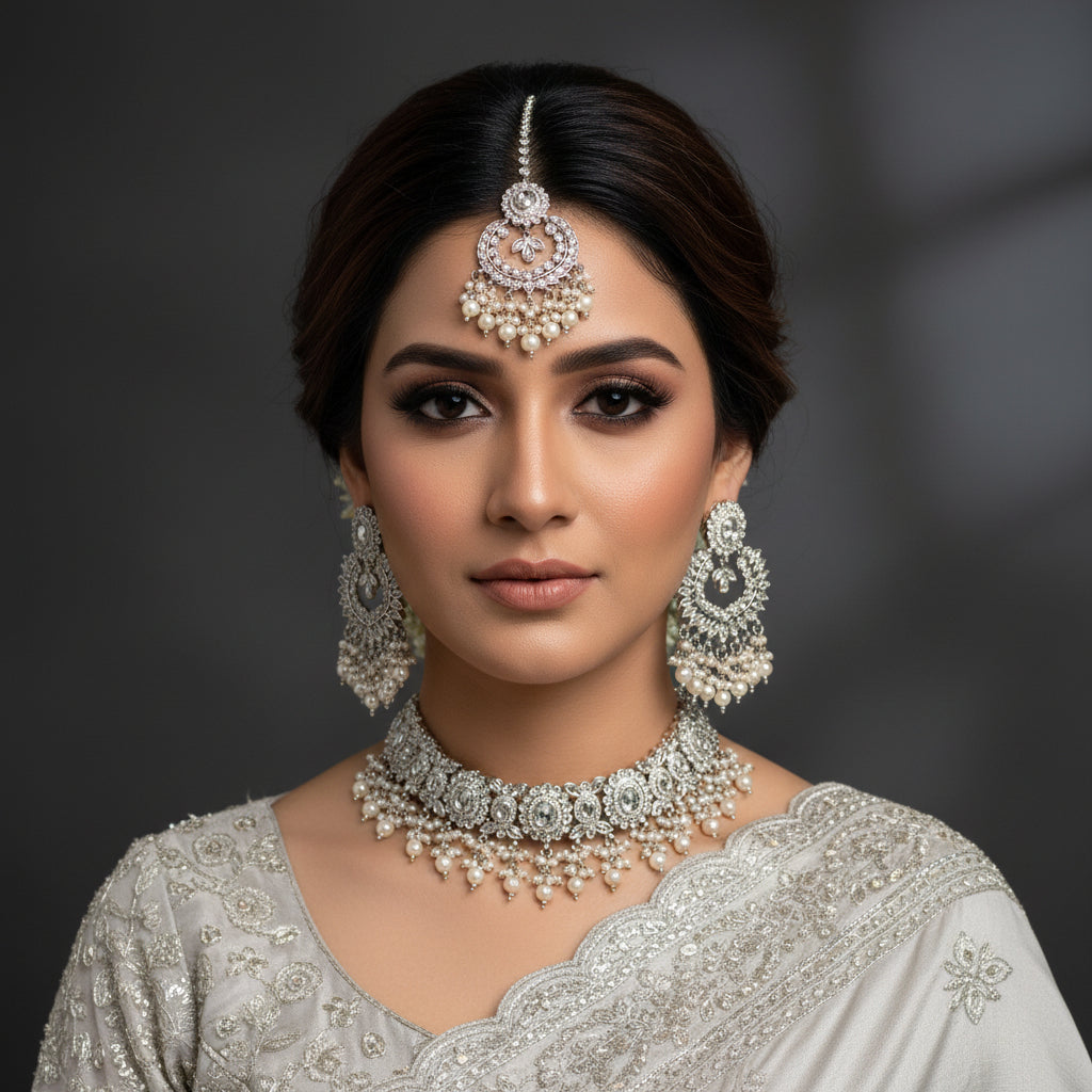 Jewelry set with earrings, necklace, and hairpin on a black background with 'Saheli' branding.