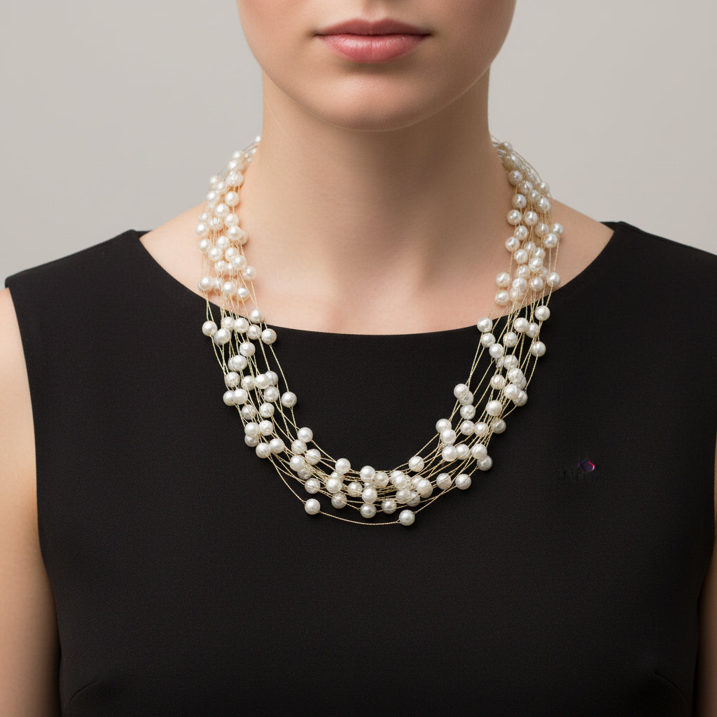 Multi-strand pearl necklace on a dark background with 'Sahelli' branding.