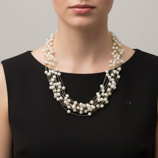 Multi-strand pearl necklace on a dark background with 'Sahelli' branding.