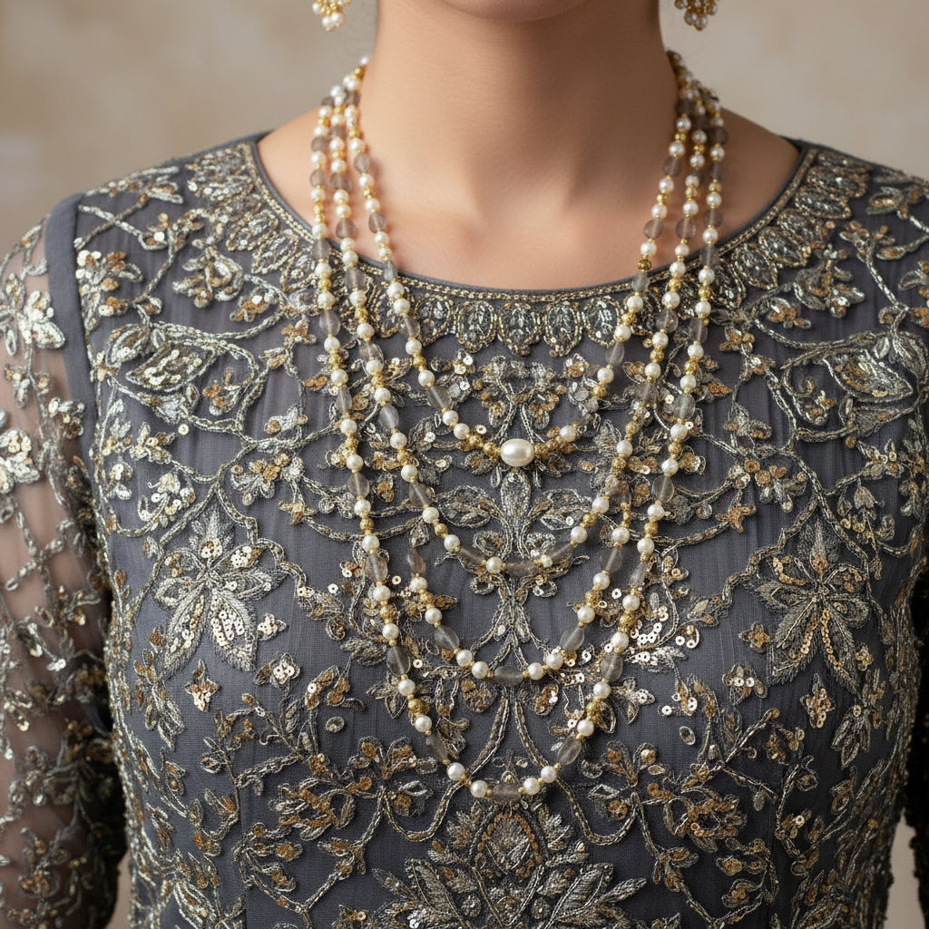 Two beaded necklaces with gold accents on a dark background