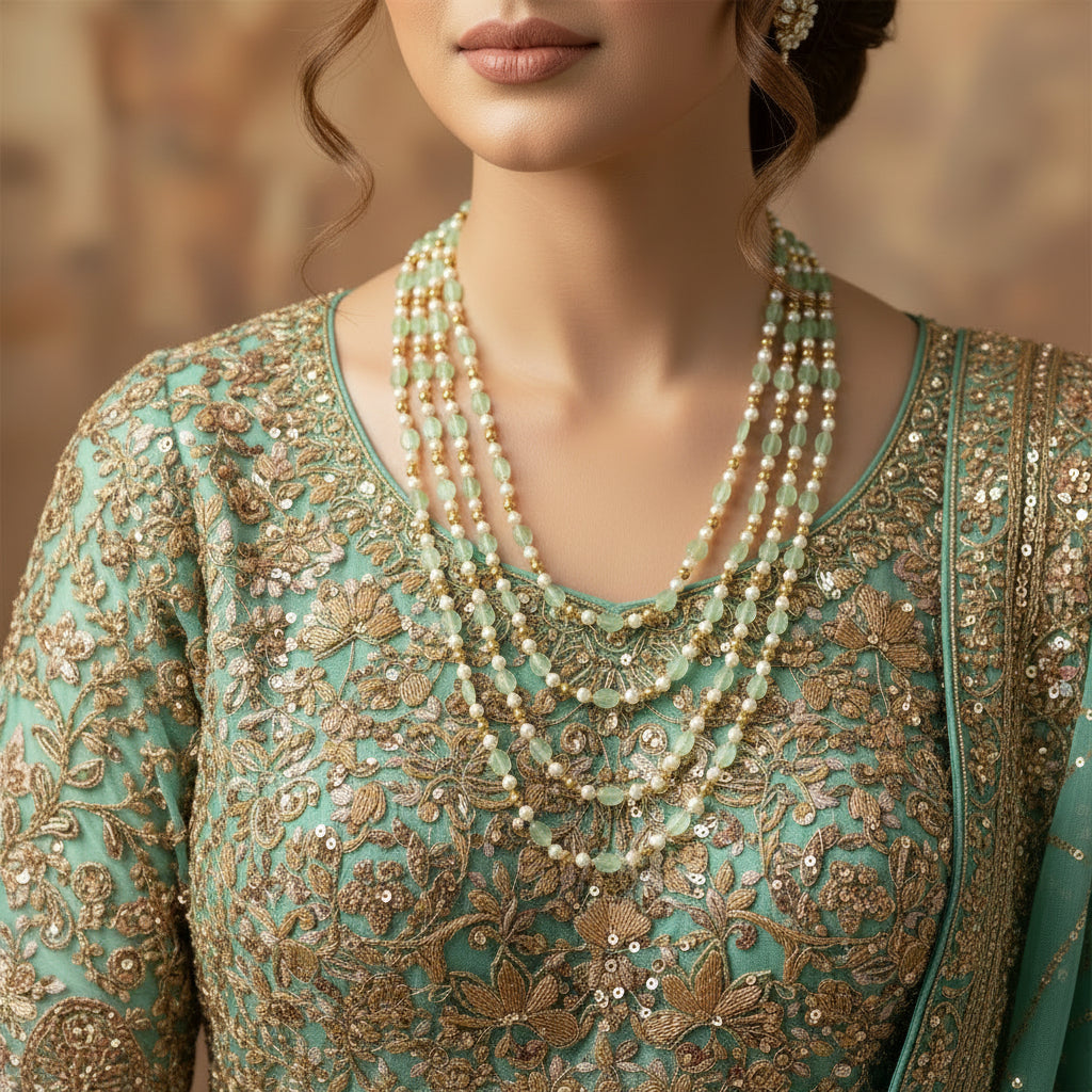 Necklace with green and gold beads on a dark surface