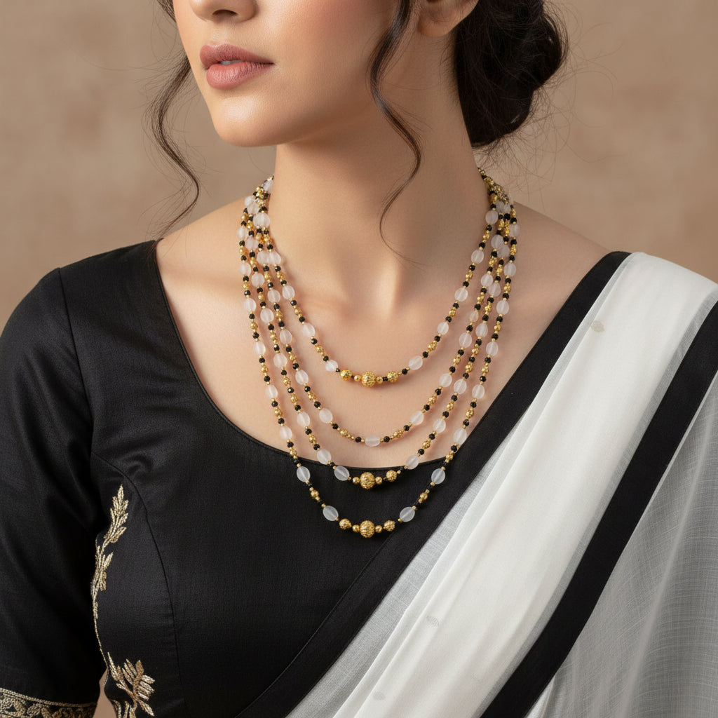 Necklace with alternating black, gold, and clear beads on a dark background