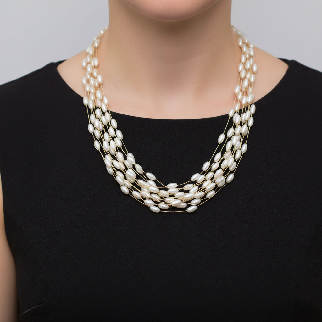 Multi-strand pearl necklace on a dark background