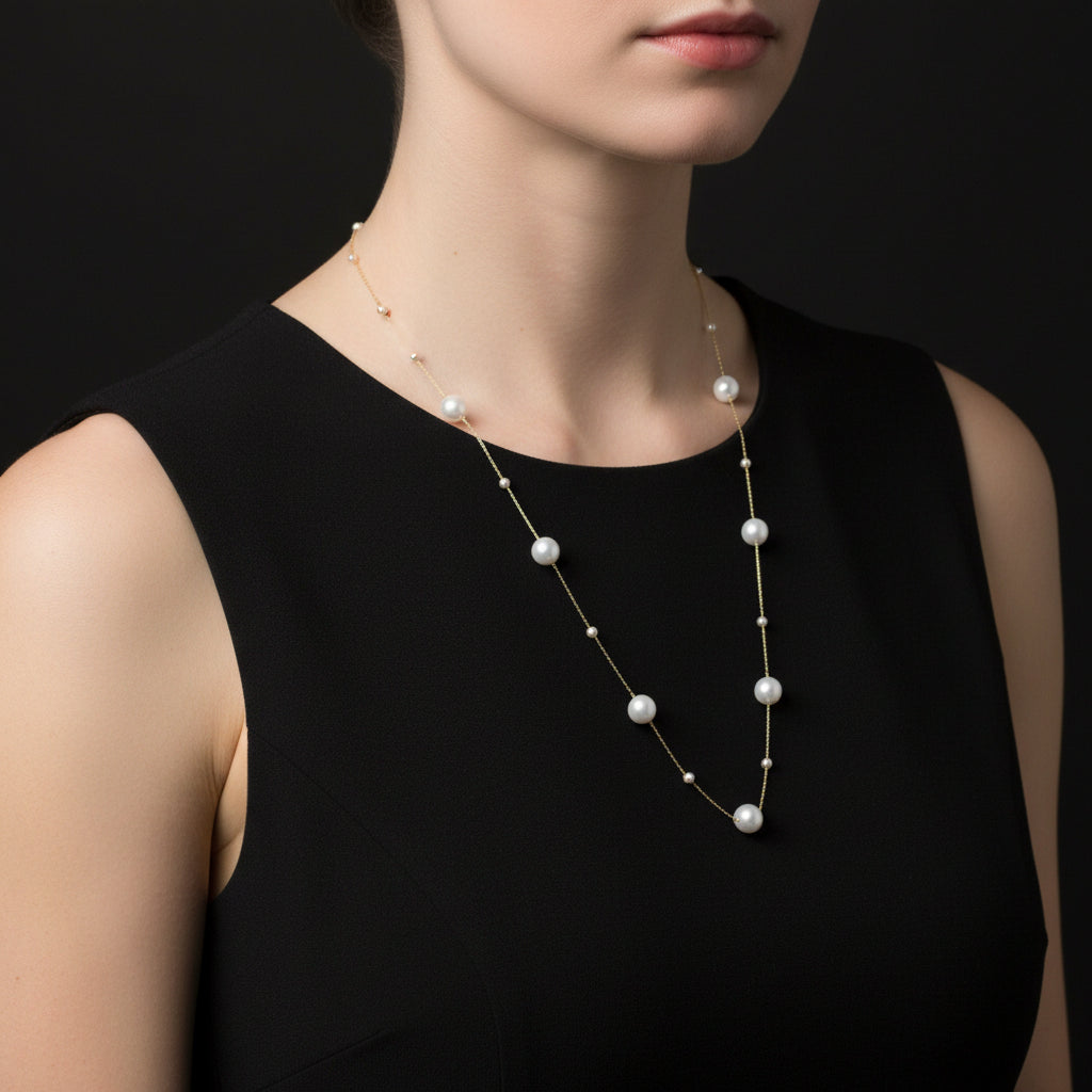 Pearl necklace worn by a model against a black background