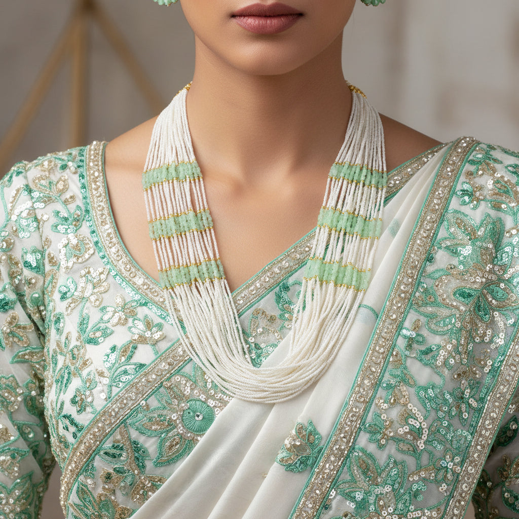 Long beaded necklace with white and green beads on a dark background