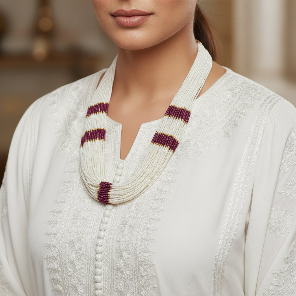 White beaded belt with purple and gold accents on a dark background