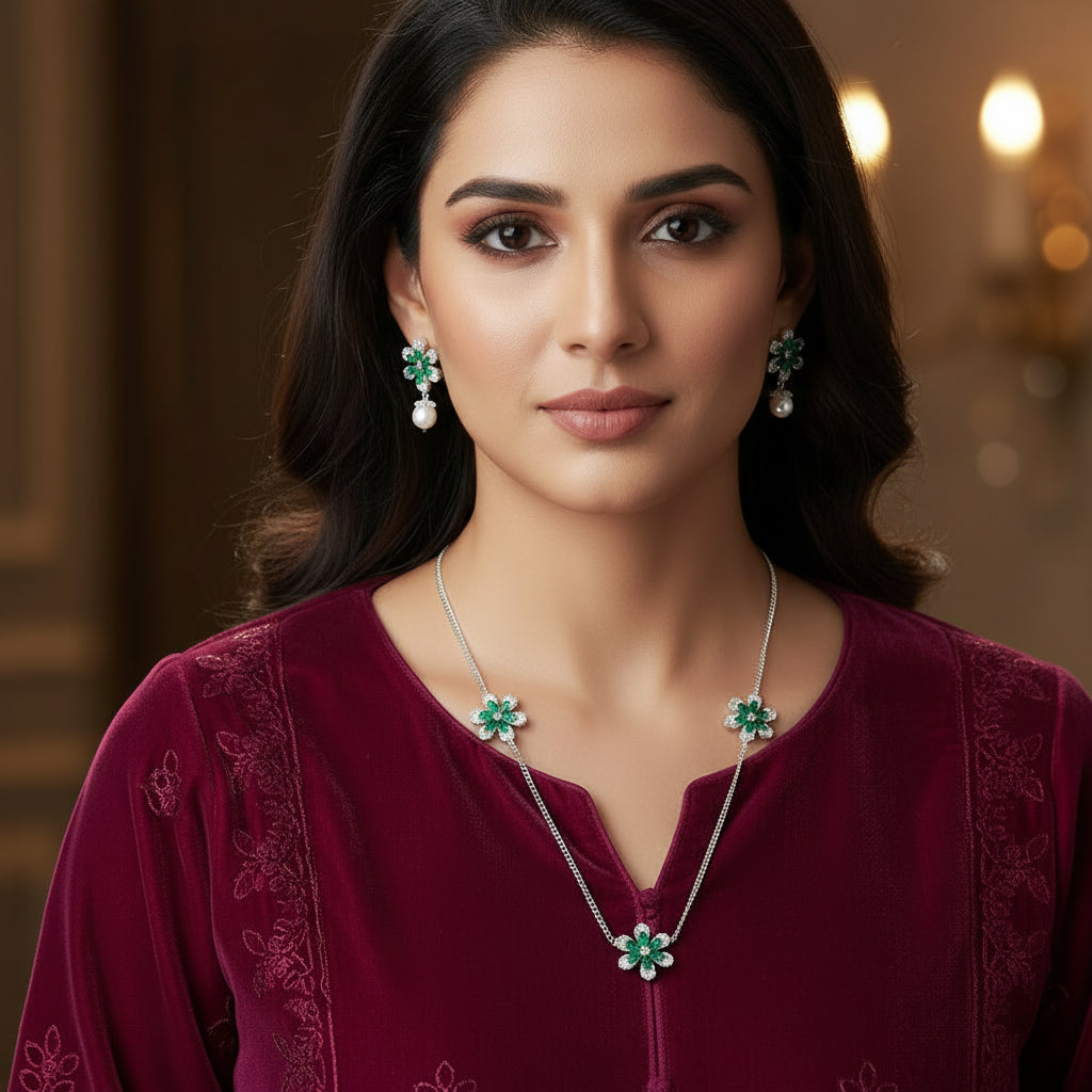 Jewelry set with floral designs featuring green stones on a gray background, branded 'Saheli'.