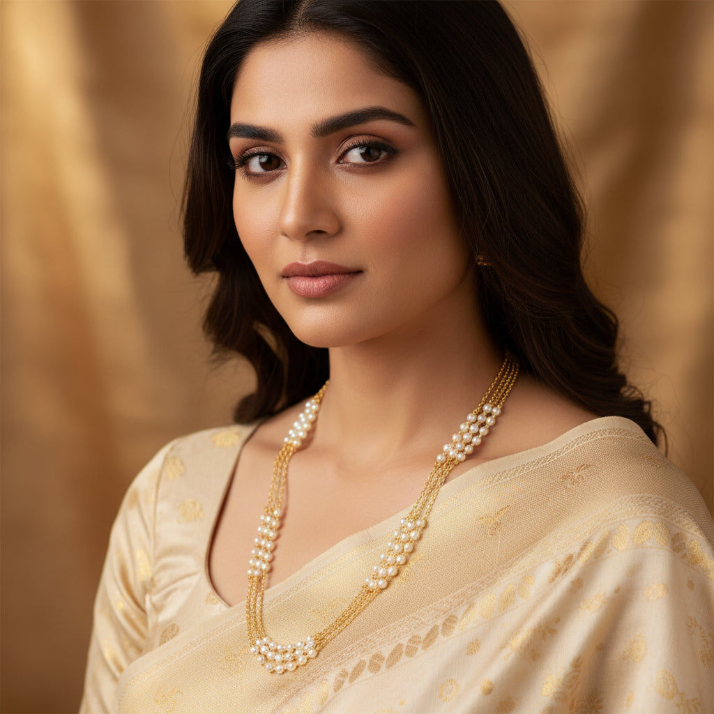 Pearl necklace on a black stand with 'Saheli' branding.