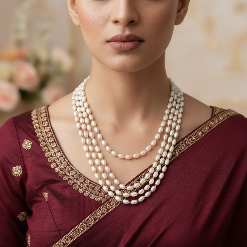 Pearl necklace on a black mannequin with 'SAHELI' branding.