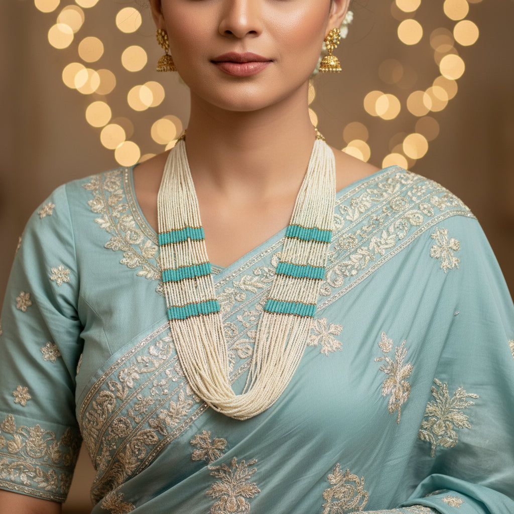 Necklace with white beads and blue accents on a dark background
