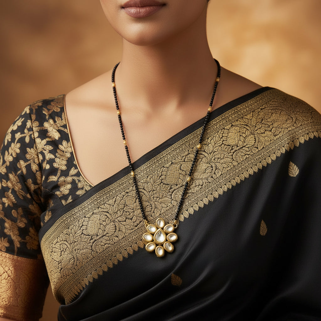 Gold and black beaded jewelry set featuring a necklace with a flower-shaped pendant and matching stud earrings, displayed on a black reflective surface with a black stand. The brand name 'SAHELL' is visible at the top.