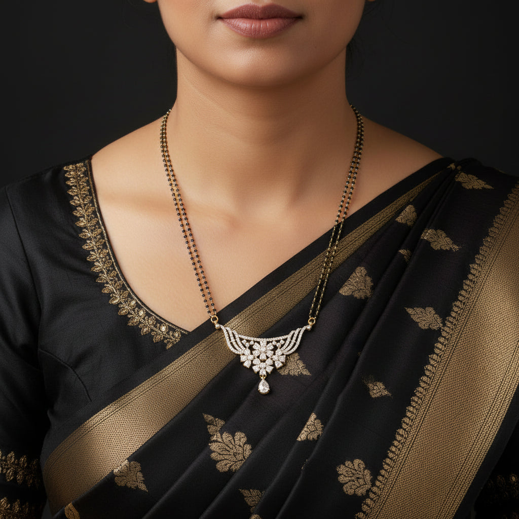 Gold and white stone necklace with a curved, fan-shaped pendant featuring a teardrop drop, displayed on a black background with the Sahell My Best Friend logo in the top right.
