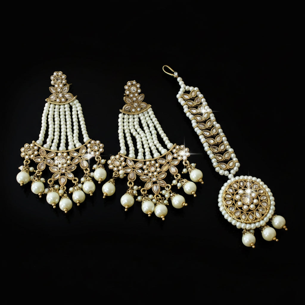 Ornate gold and pearl jewelry set on a dark background with 'Saheli' branding.