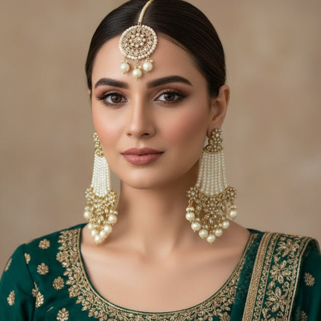 Ornate gold and pearl jewelry set on a dark background with 'Saheli' branding.