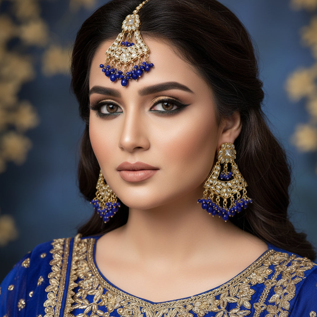 Jewelry set with blue and gold elements on a dark background, featuring the brand 'SAHELI'.