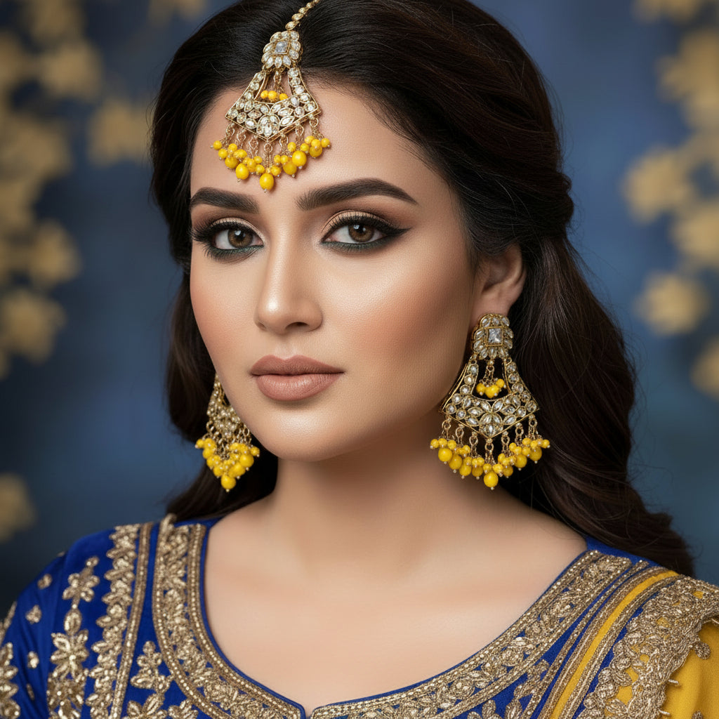 Woman wearing traditional blue and gold jewelry with a dark background