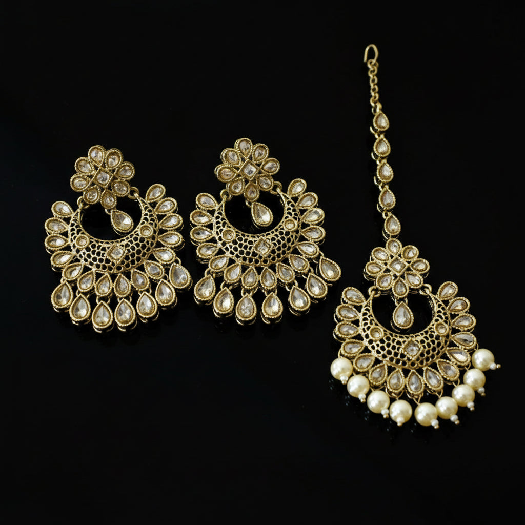 Gold and pearl jewelry set with 'SAHELI' branding on a dark background