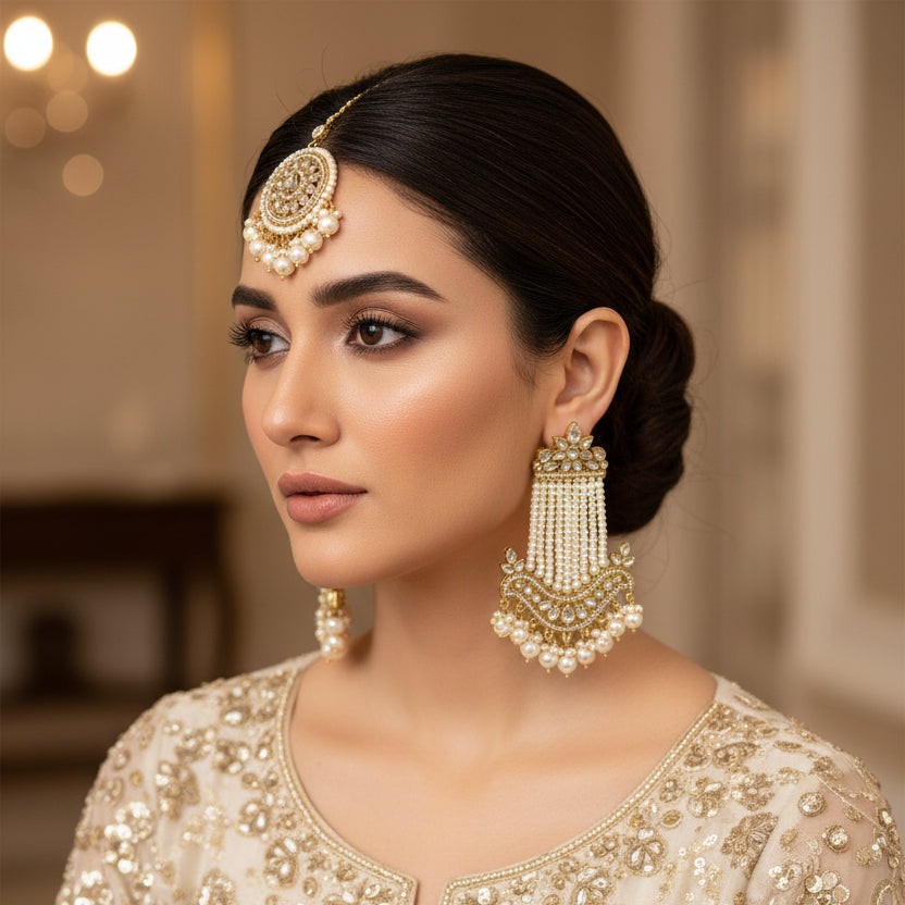 Set of pearl and gold jewelry on a dark background