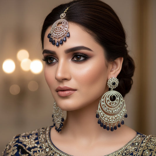 Ornate gold and black jewelry set on a dark background