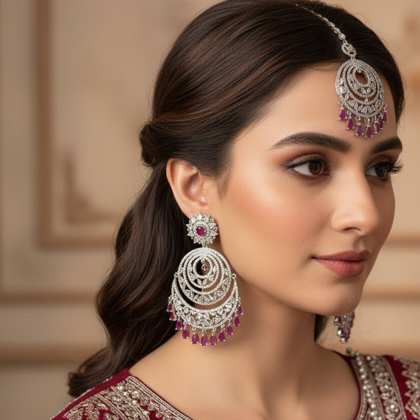 Ornate silver earrings with red gemstones on a gray background