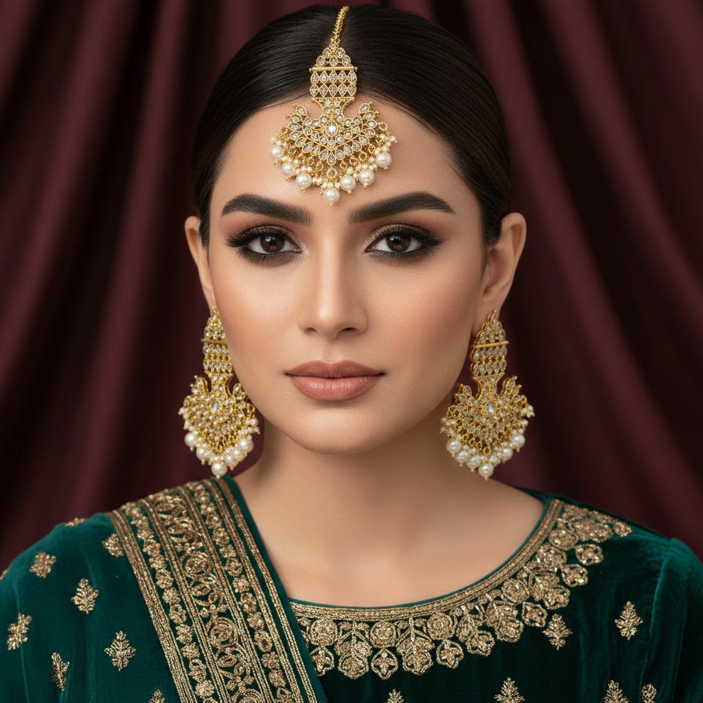 Gold jewelry set with pearls on a dark background