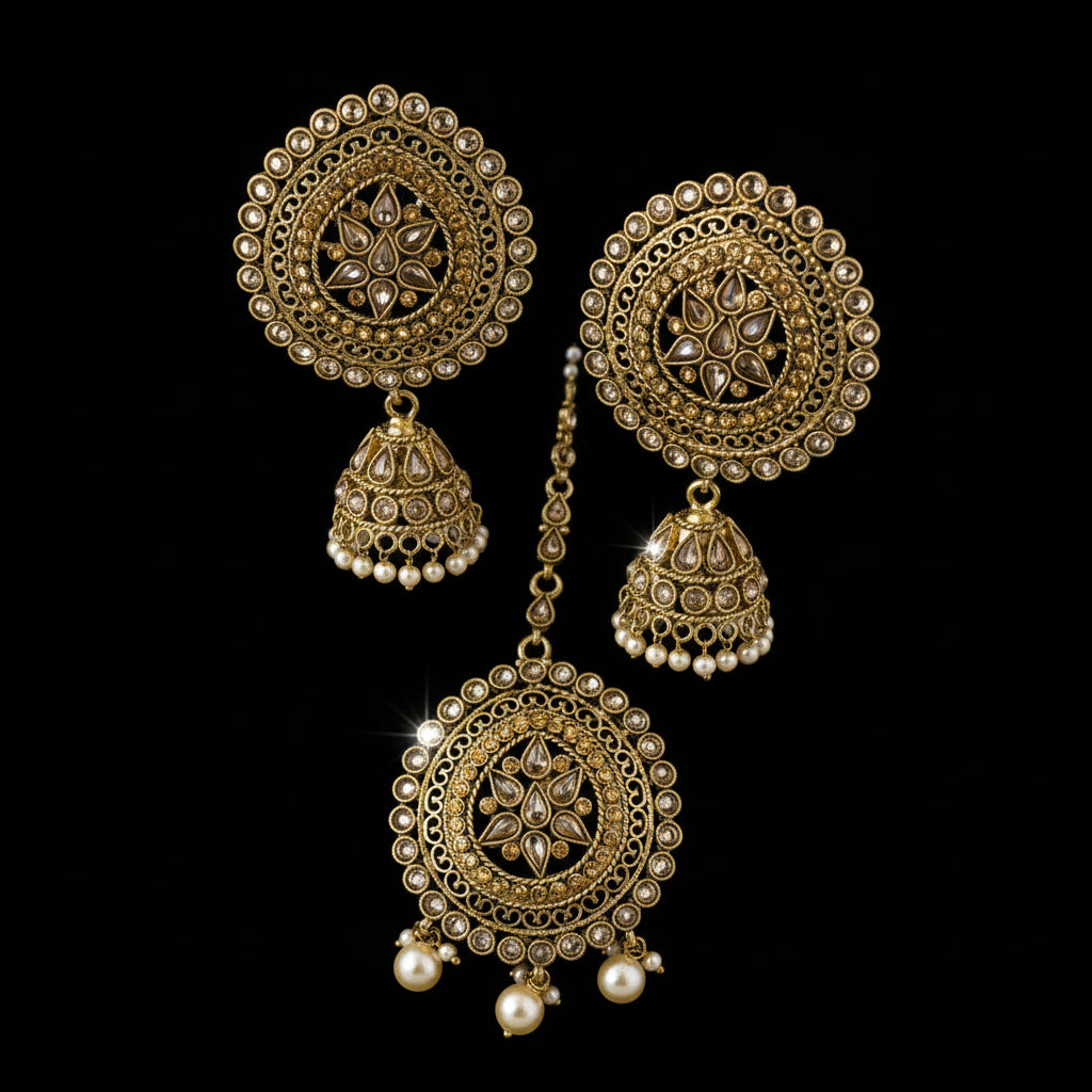 Ornate gold and pearl earrings on a dark background with 'Saheli' branding.