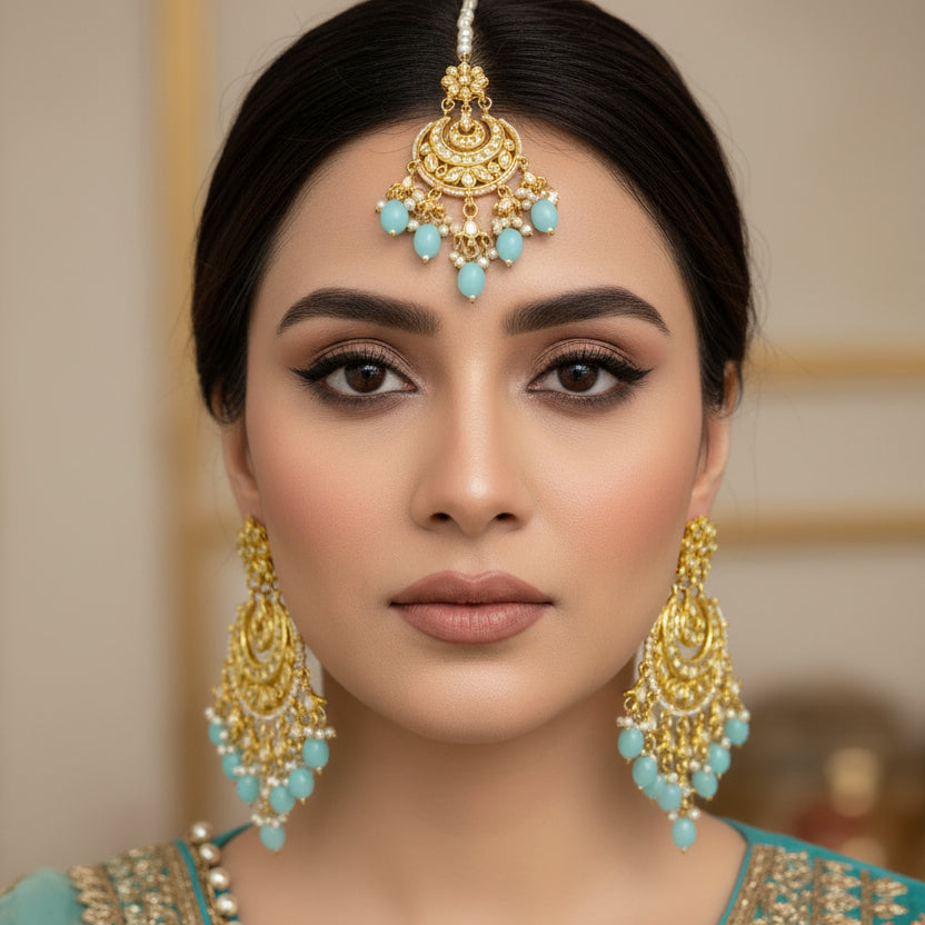 Set of gold and turquoise earrings on a black background