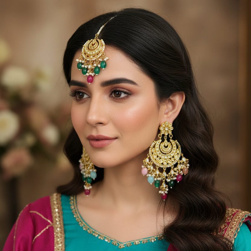 Gold earrings with colorful beads on a black background