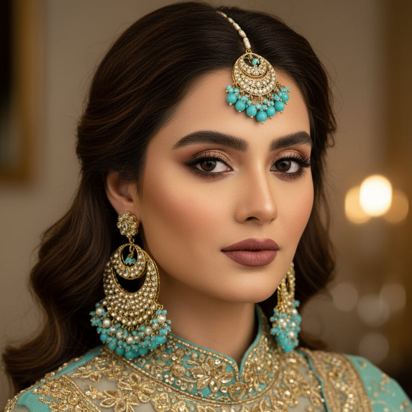 Jewelry set with gold and turquoise earrings on a dark background