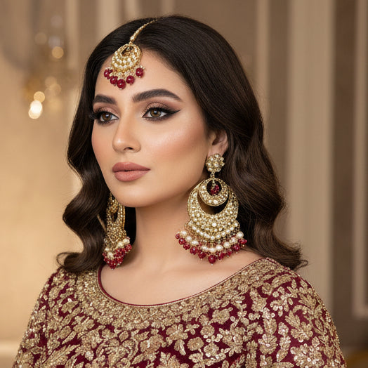 Ornate earrings with red and white stones on a dark background