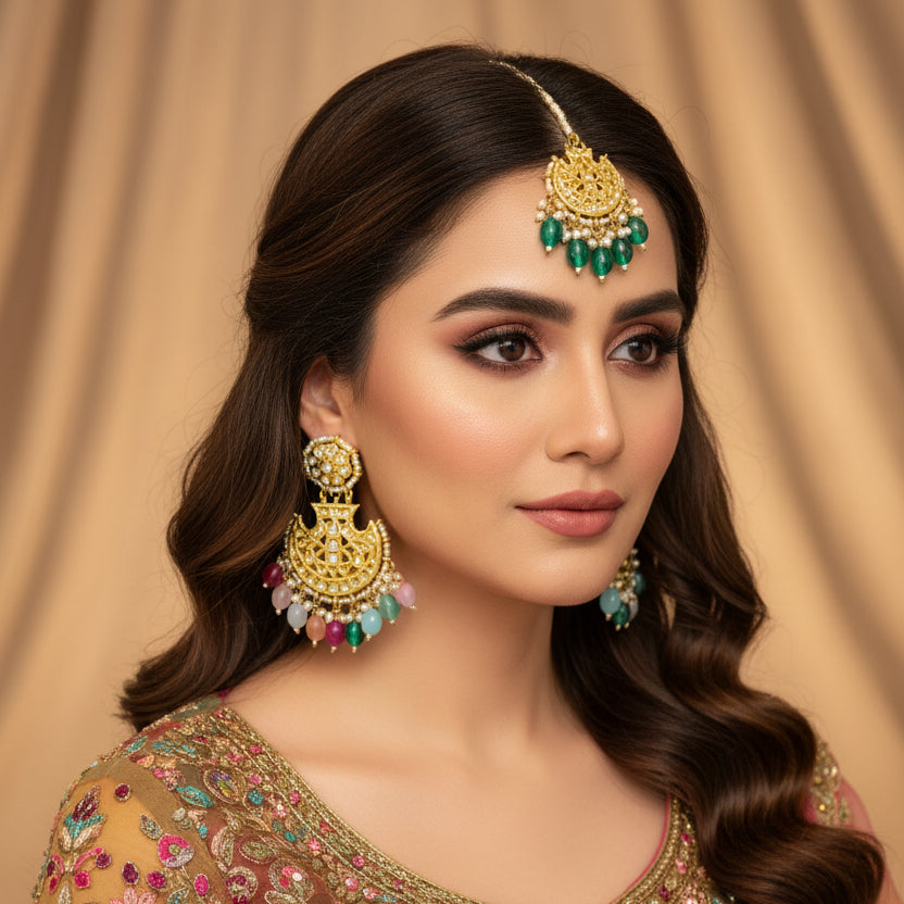 Gold earrings with colorful beads on a black background
