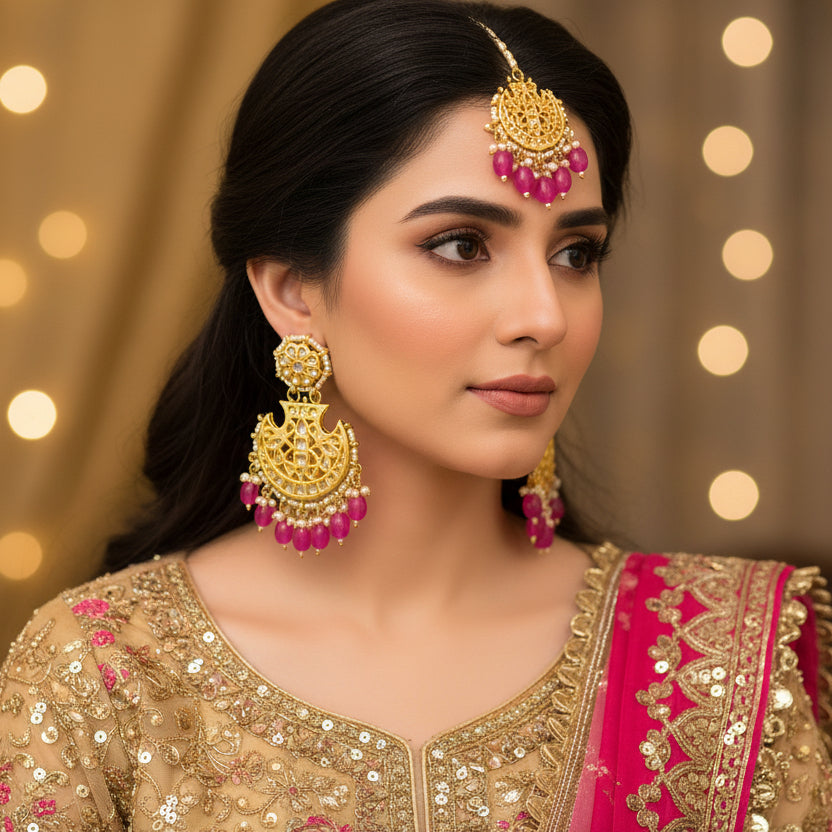Gold and pink gemstone earrings on a black background