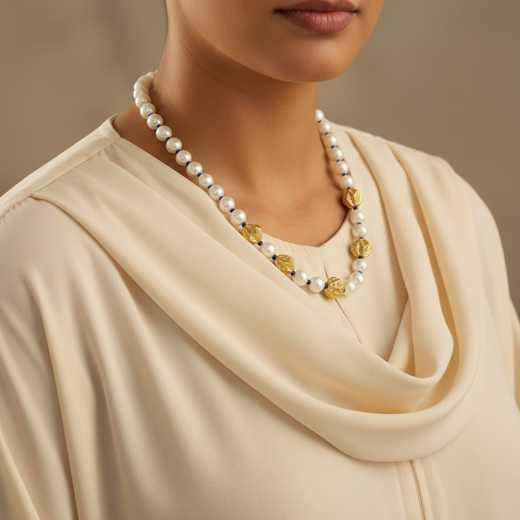Necklace with white beads and gold accents on a dark background, featuring the brand 'SAHELI'.