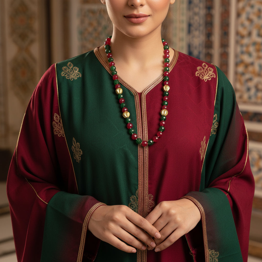 Necklace with red, green, and gold beads on a gray surface, branded 'Saheli'.