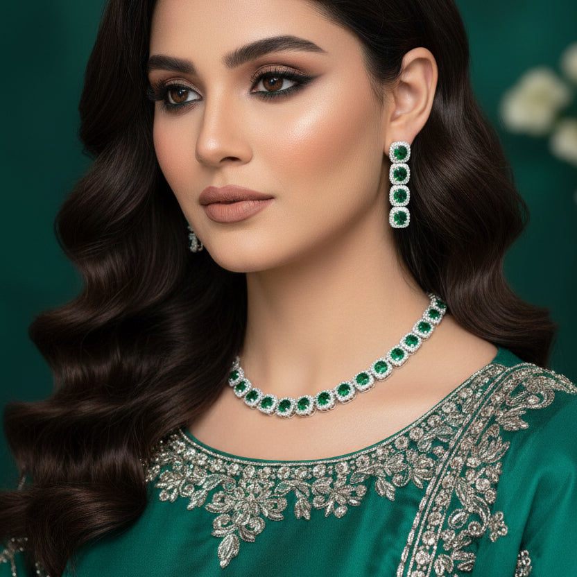 Emerald necklace and earrings on a gray cushion against a gray background