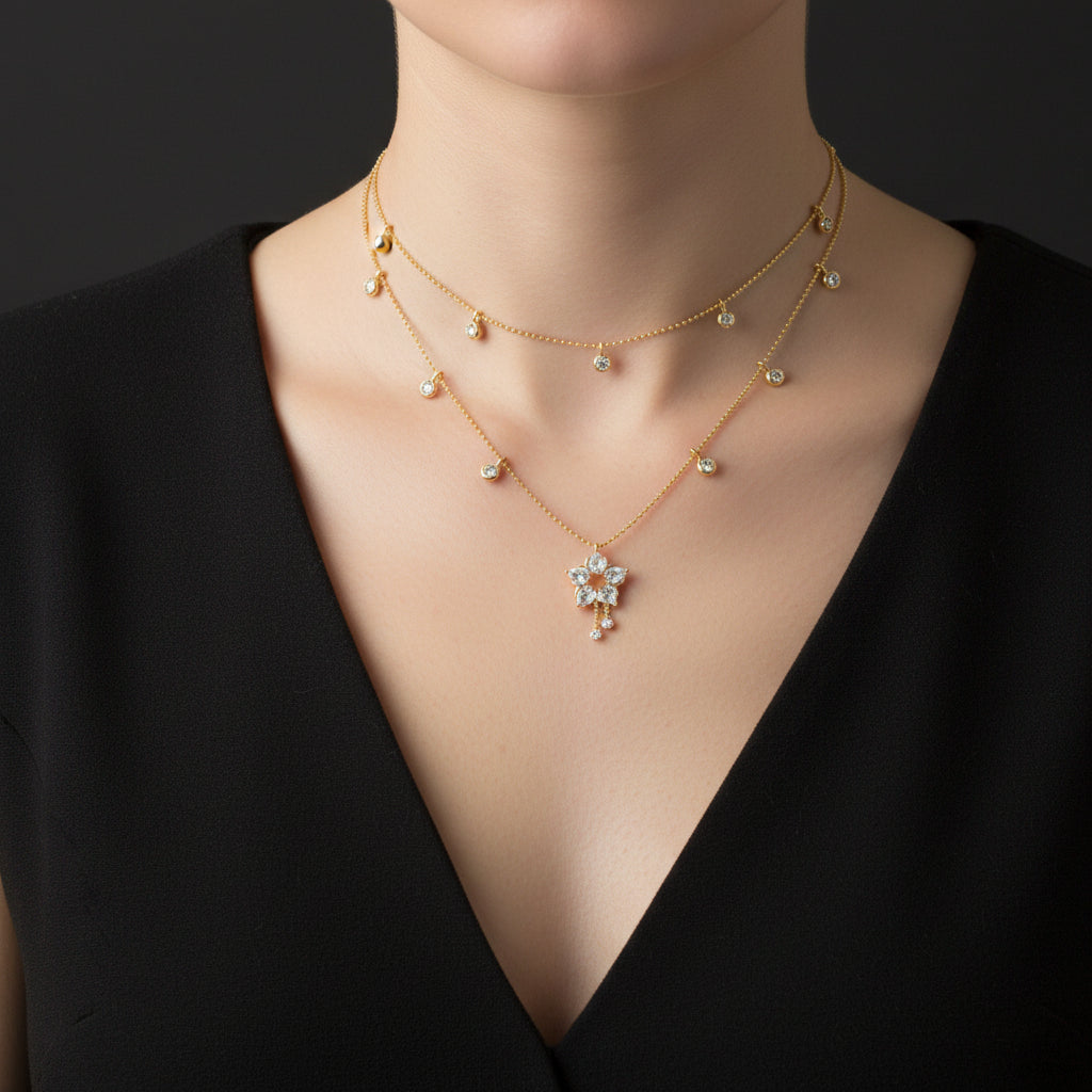 Gold necklace with a star-shaped pendant on a black background