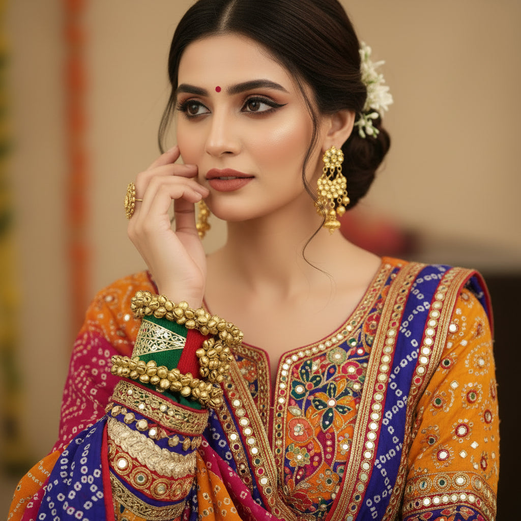 Decorative bangle with gold detailing on a dark background