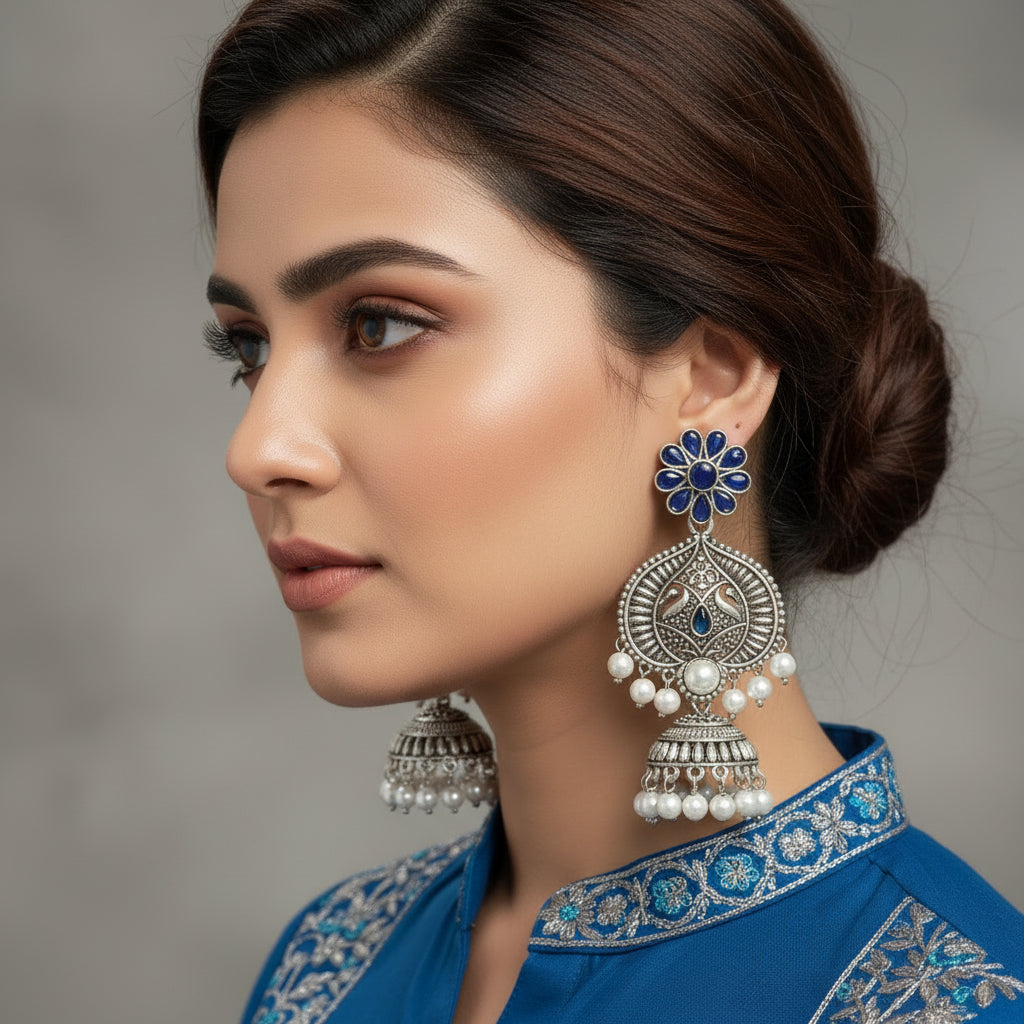 A pair of traditional Indian silver-toned jhumka earrings with blue stone accents and white pearl bead drops, displayed on a gray stand.