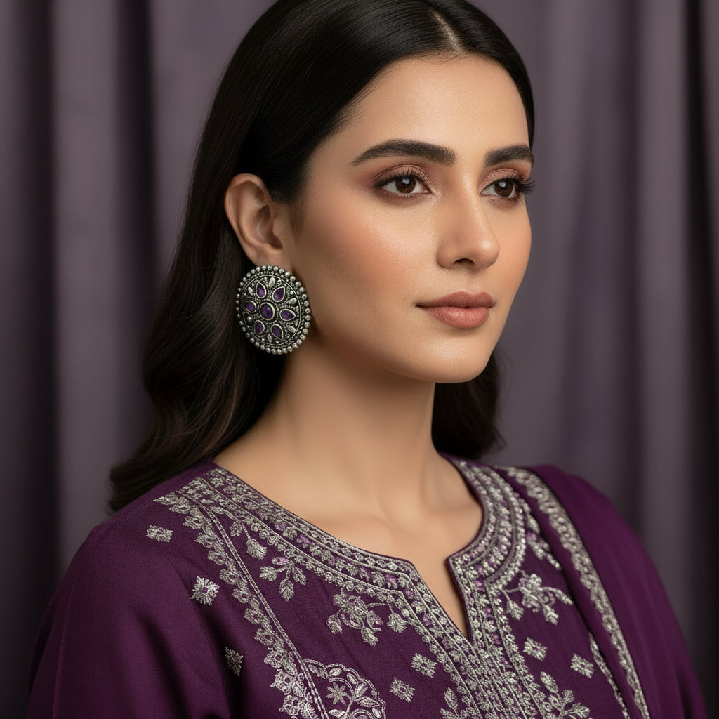 A pair of round silver-toned ornate brooches with purple amethyst gemstone details, displayed on a dark reflective surface.