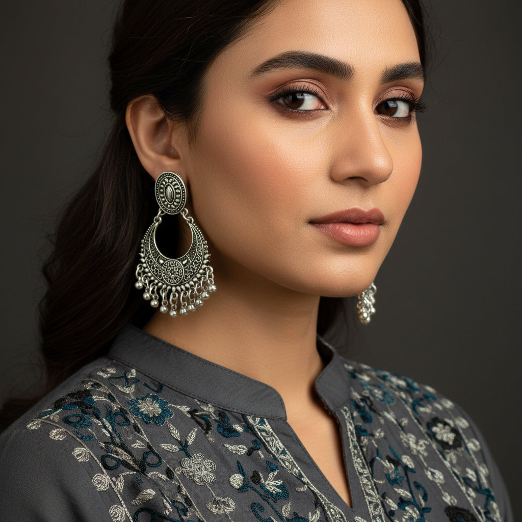 A pair of ornate silver-toned Indian chandbali earrings with intricate filigree work and dangling bead chains, displayed on a dark reflective surface.