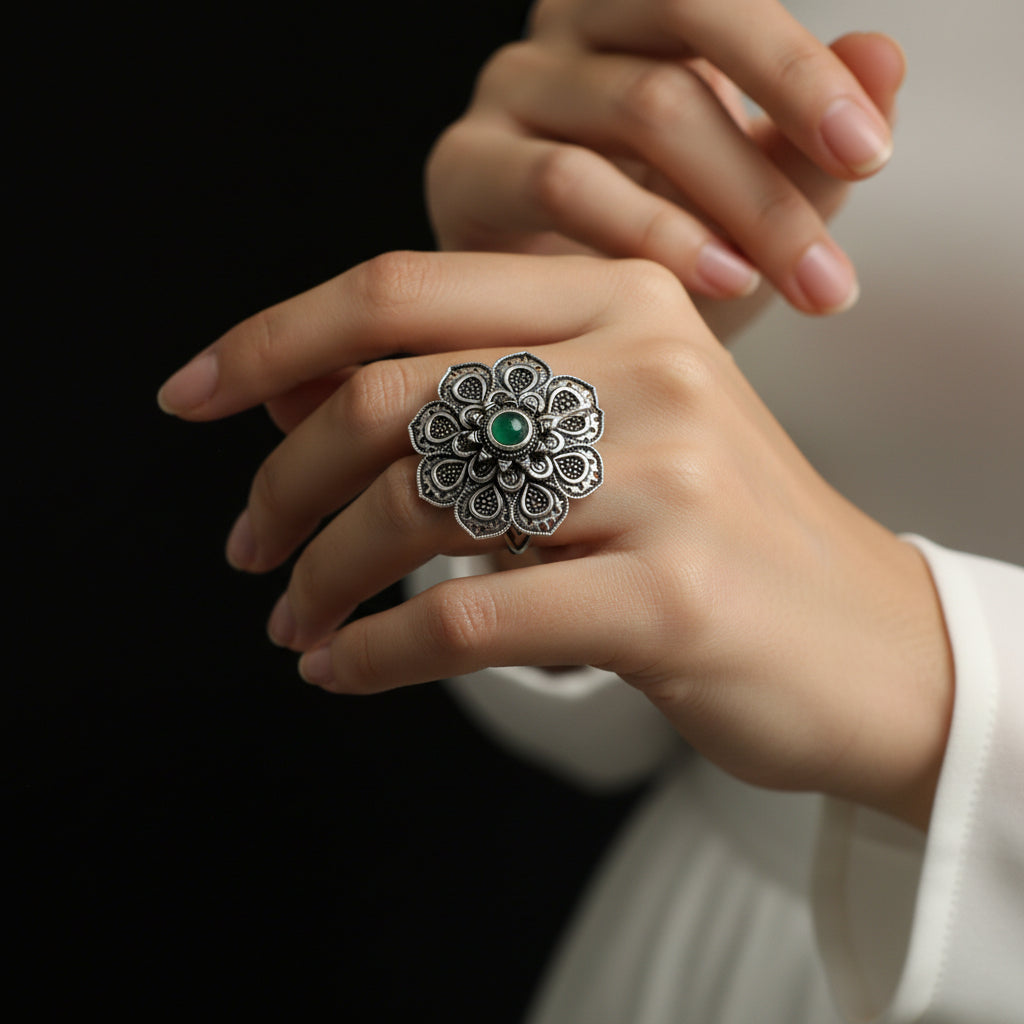 Silver ring with a green gemstone on a dark gray background