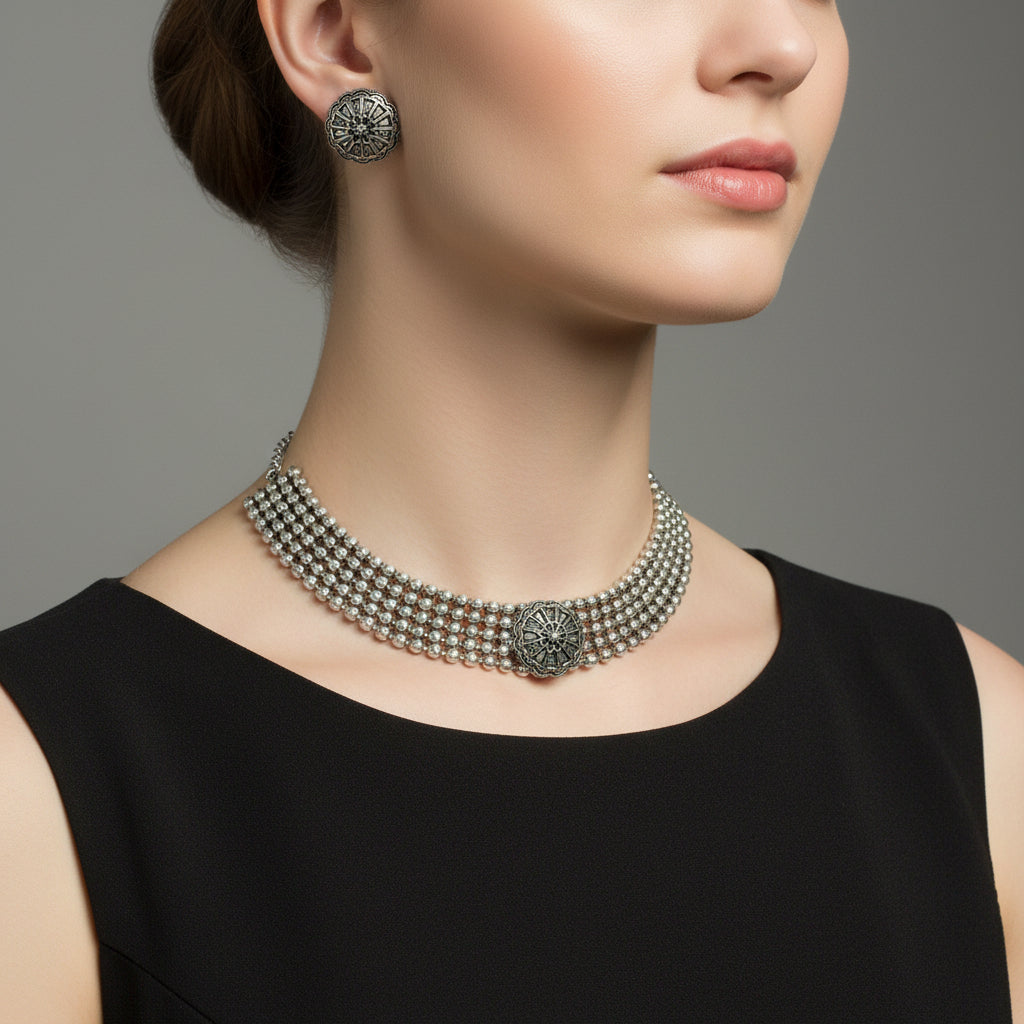 Silver necklace and earrings on a dark background