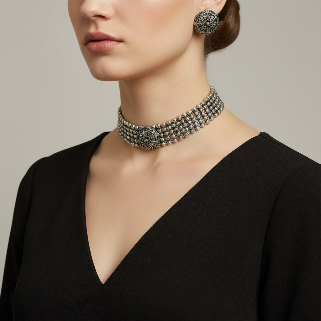 Silver necklace and earrings on a dark background