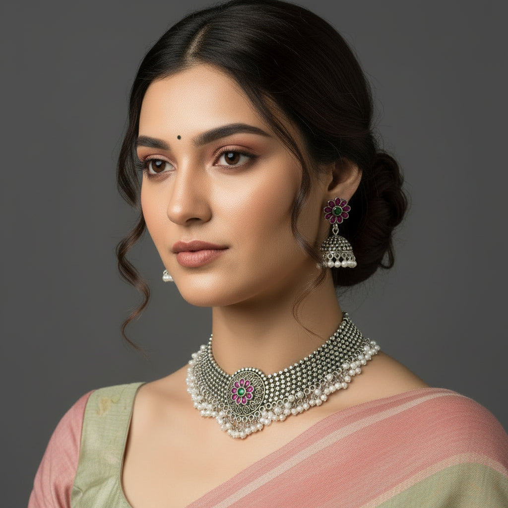 Ornate necklace and earrings on a gray background